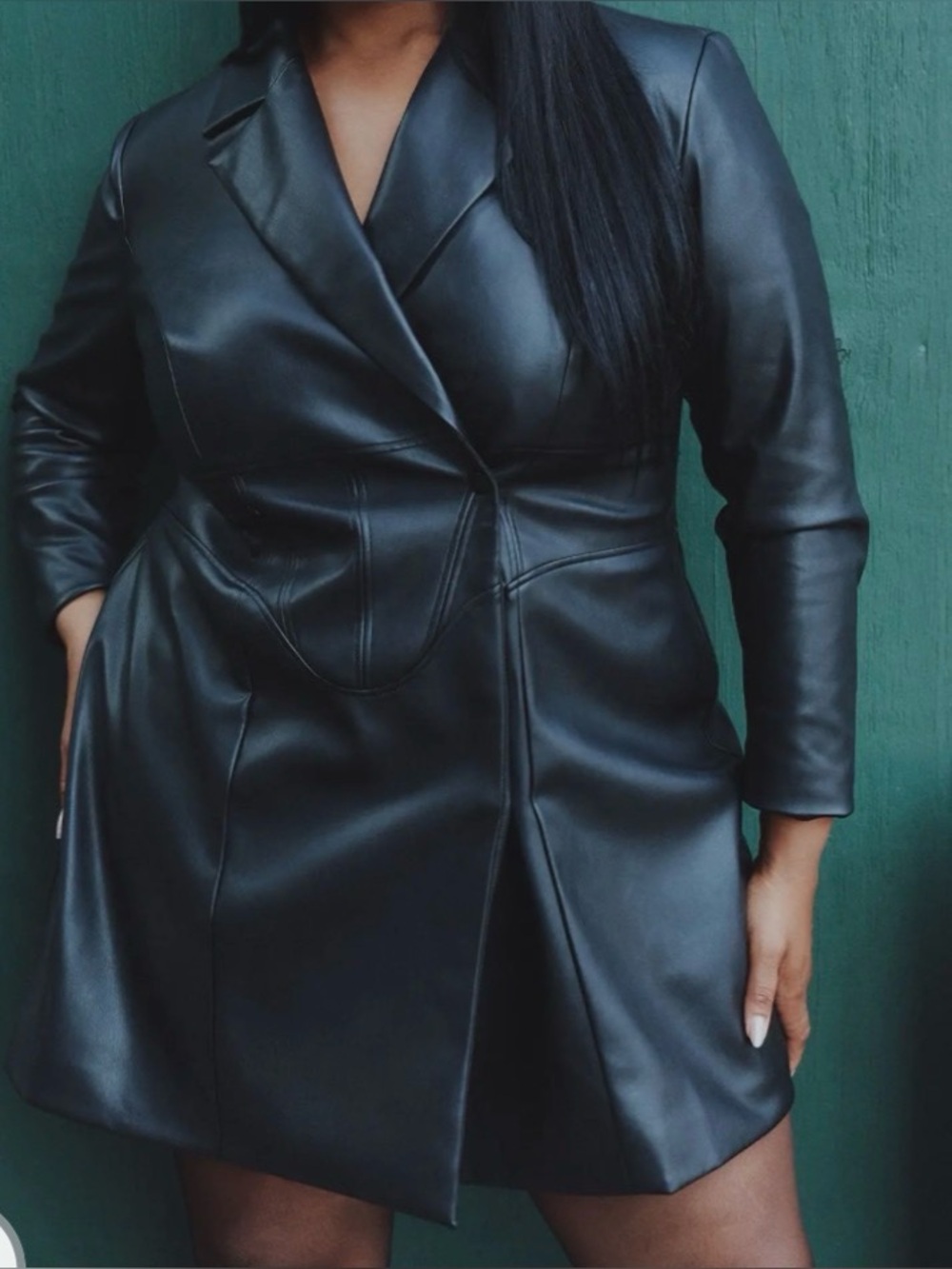 Abercrombie & Fitch Black Faux Leather Long Coat Blazer XLT so mini/midi